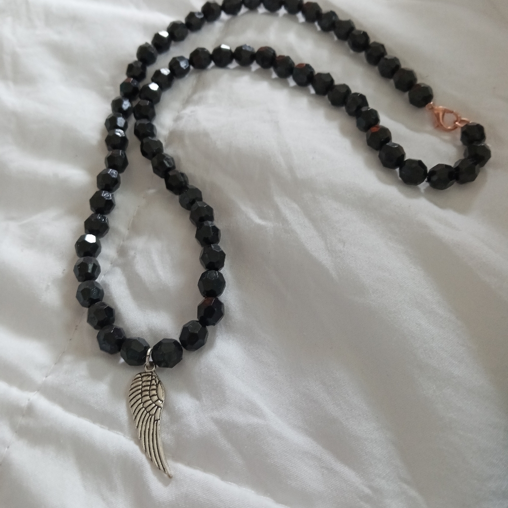 Hand crafted Black crystal silver angel wing beaded statement necklace